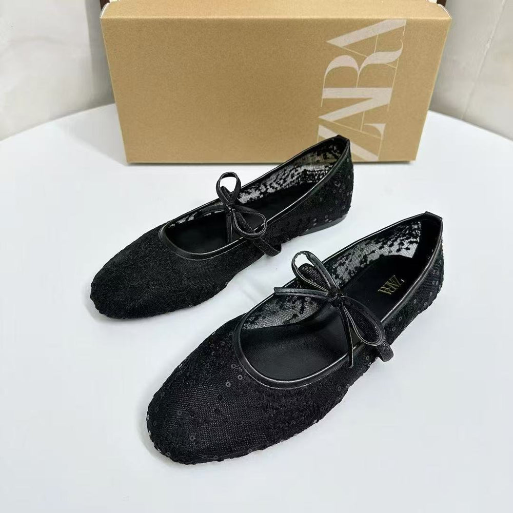 Za autumn new arrivals 2025: modern chinese style 3cm heel breathable lace hollow-out flats with bow detail – perfect for skirts and dresses