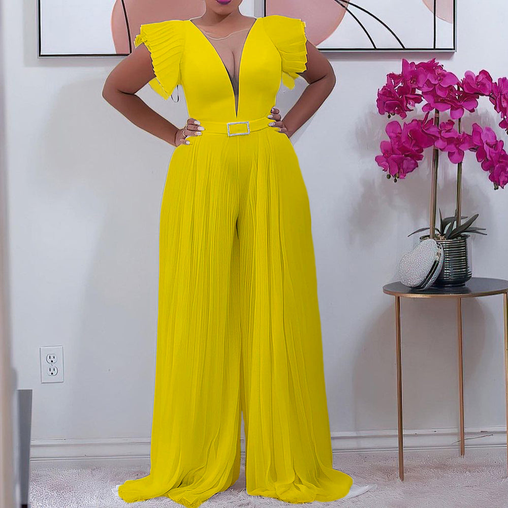Independent station summer deep v neck see-through mesh stitching pleated waist pure color wide-leg african european and american jumpsuit