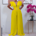 Independent station summer deep v neck see-through mesh stitching pleated waist pure color wide-leg african european and american jumpsuit