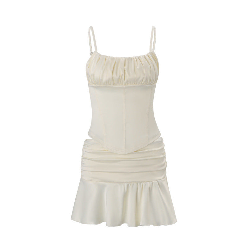 European and american women's clothing  spring new french chic sexy backless camisole ruffle mermaid skirt set