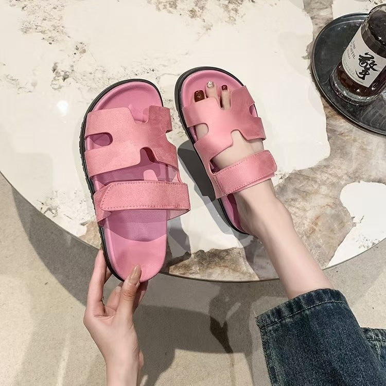 Cross-border second uncle dragging girl thick bottom H slippers 2024 new Velcro  large size fashion slippers wholesale