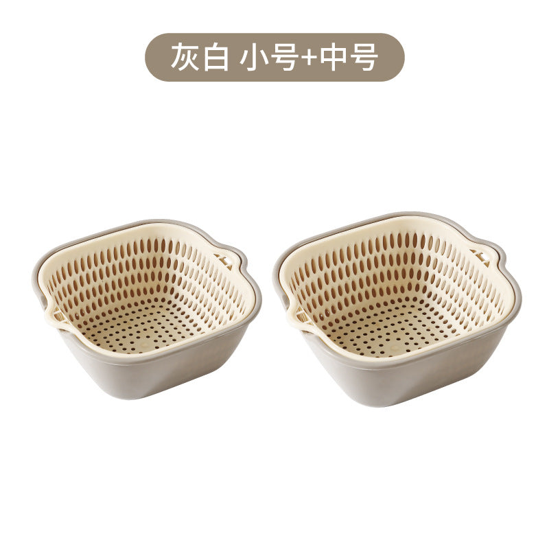Double-layer vegetable basin drain basket six-piece set kitchen fruit washing tray living room for home square vegetable washing basin vegetable basket