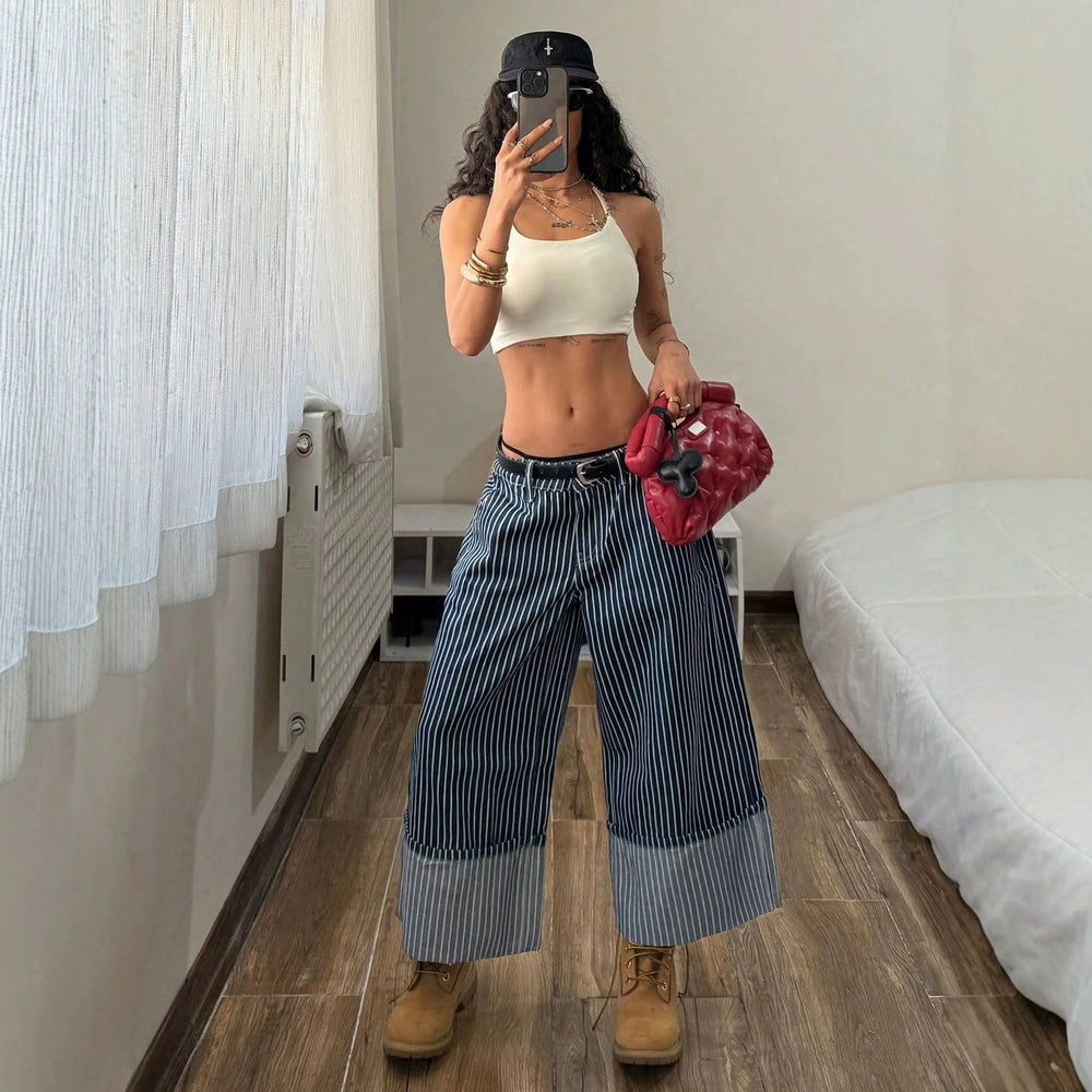 Women's striped patchwork wide-leg jeans - high-waisted, slimming, loose fit, designer style, versatile denim wide-leg cropped pants