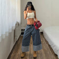 Women's striped patchwork wide-leg jeans - high-waisted, slimming, loose fit, designer style, versatile denim wide-leg cropped pants