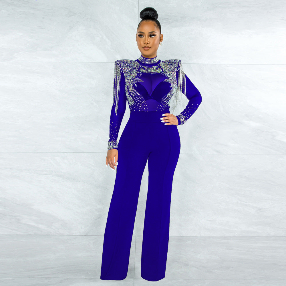 CY9232B Europe, America, , fashionable and sexy casual slim-fitting turtleneck perspective hot diamond fringed jumpsuit women
