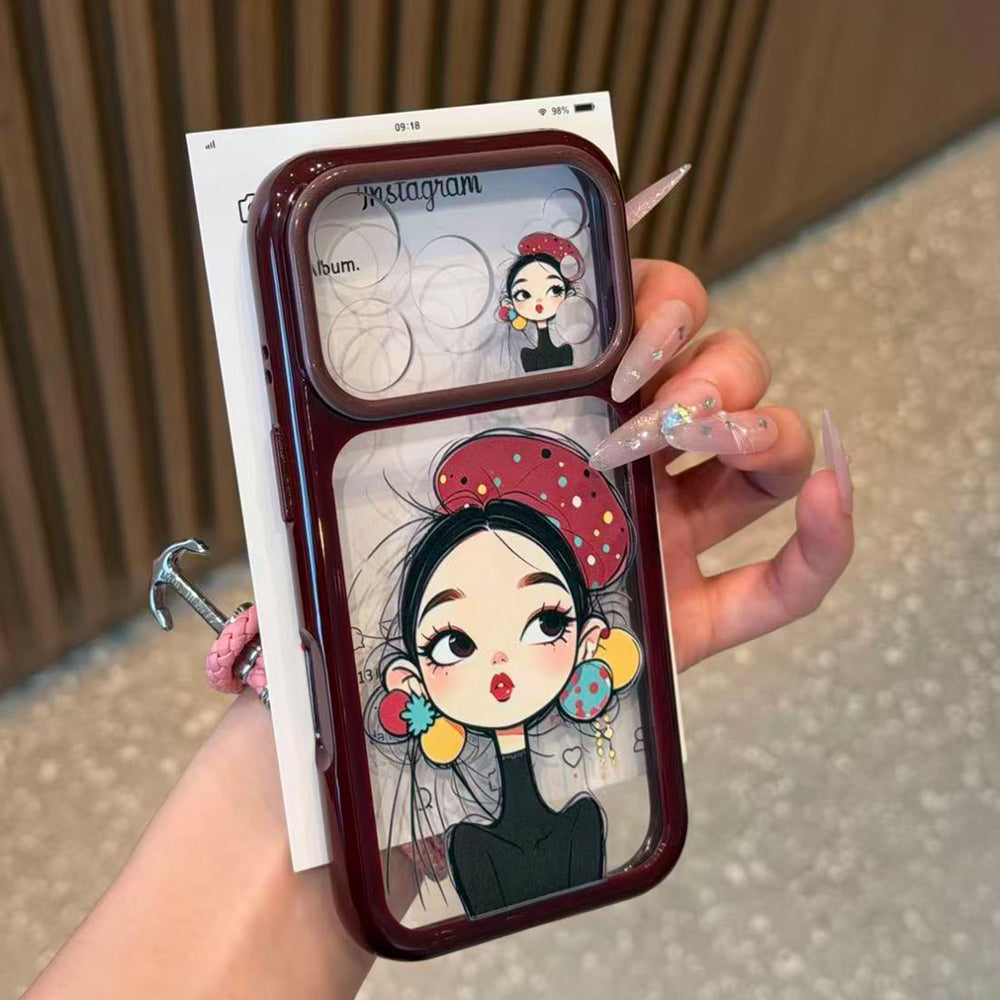 Two-tone, large-window cartoon girl phone case for iphone 18 - vintage hat girl apple 17 protective cover