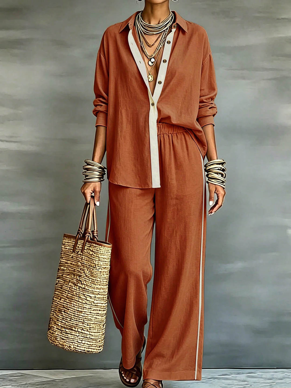 Exportplus size relaxation work clothing set retro gray linen shirt elastic waist side strips wide leg pants two-piece set