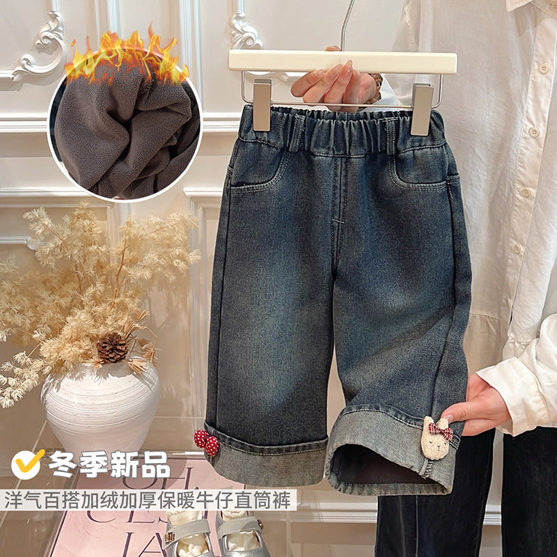 New girls' fall collection: versatile fleece-lined jeans - korean style casual fashion for autumn and winter