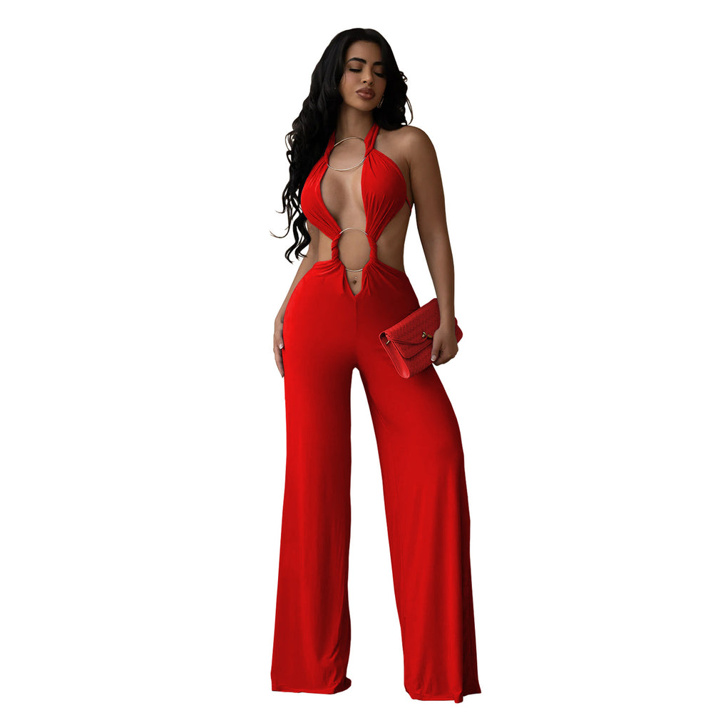 C7687 cross-border   fashion women's sexy lace-up backless solid color bodycon jumpsuit