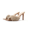 Wo2026 fall/winter women's furry heeled slippers - comfortable, pointed-toe, suede, warm, and stylish outdoor slippers