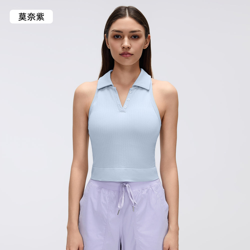 Polo collar sports bra for women with padded cups, yoga tank top, shockproof, push-up, side boob coverage, fitness bra d26026
