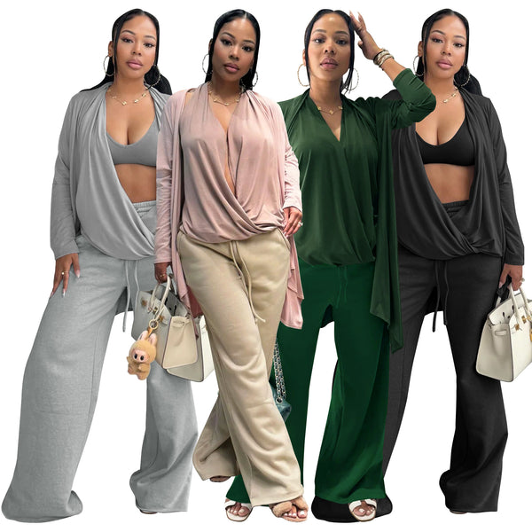 10916  European and American  women's clothing sexy swinging collar sleeveless top long-sleeved jacket wide-leg pants three-piece set
