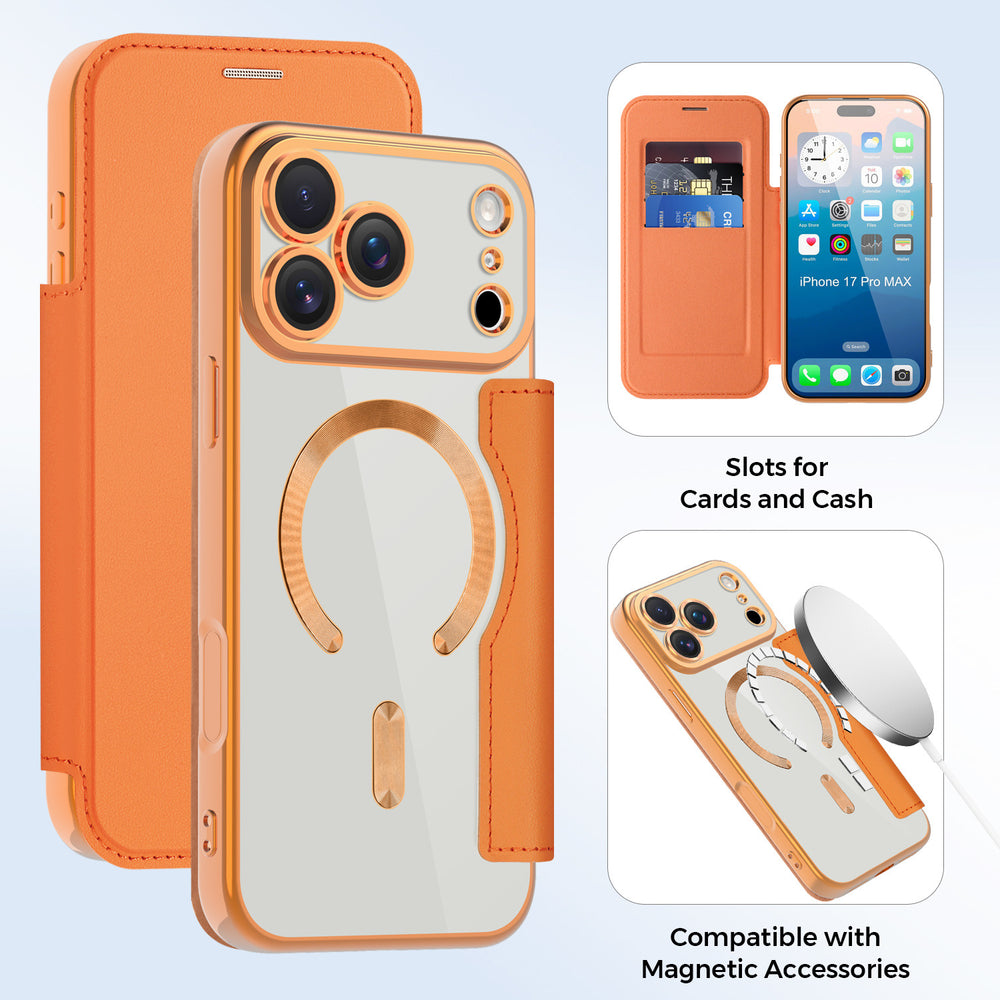 Premium gold shield magnetic leather case for iphone 17 pro max, apple 16 flip cover, full coverage, drop protection