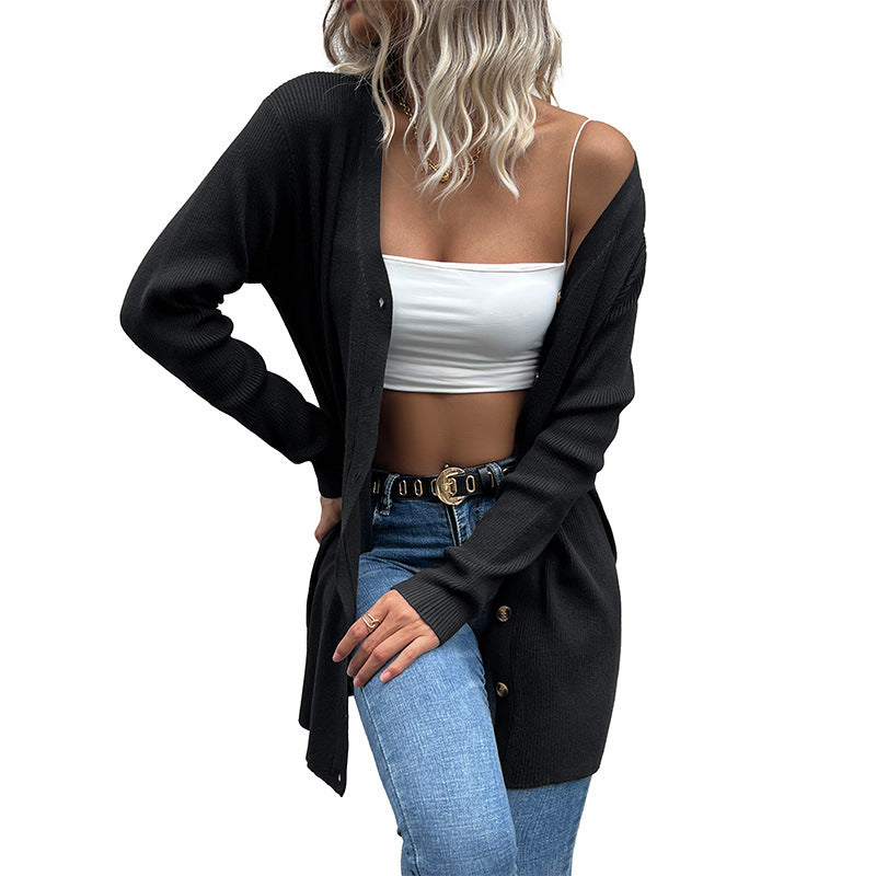 Independent Station Cross-border New Autumn and Winter European and American Foreign Trade Casual Fashion Jacket Long Sleeve Black Sweater Cardigan