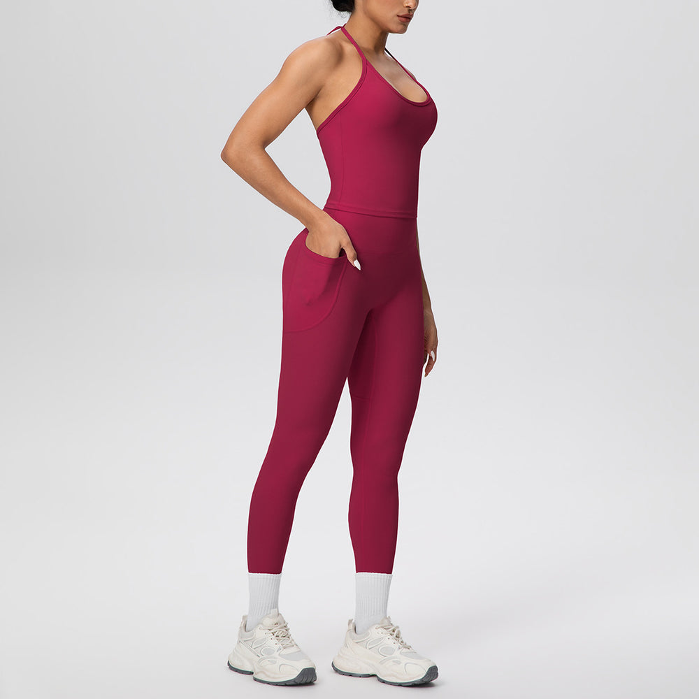 Cloud-feel quick-dry tie-up tank top & high-waisted pocket leggings activewear set - perfect for outdoor running, fitness, and yoga