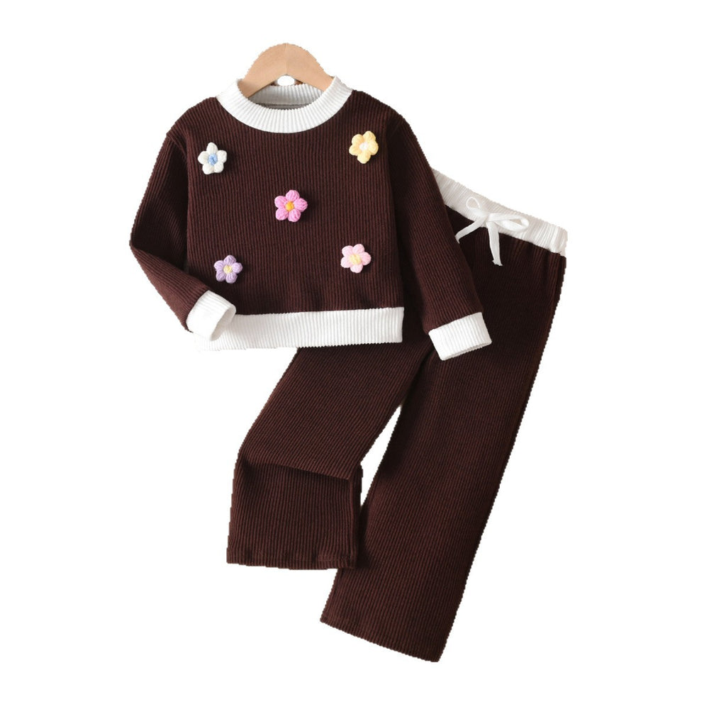 Girls' fall/winter outfit: dark brown knit top with white collar and matching pants - two-piece set for kids