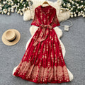 Korean style red printed embroidered dress - women's summer retro high-waisted tie-waist elegant a-line dress - commute outfit