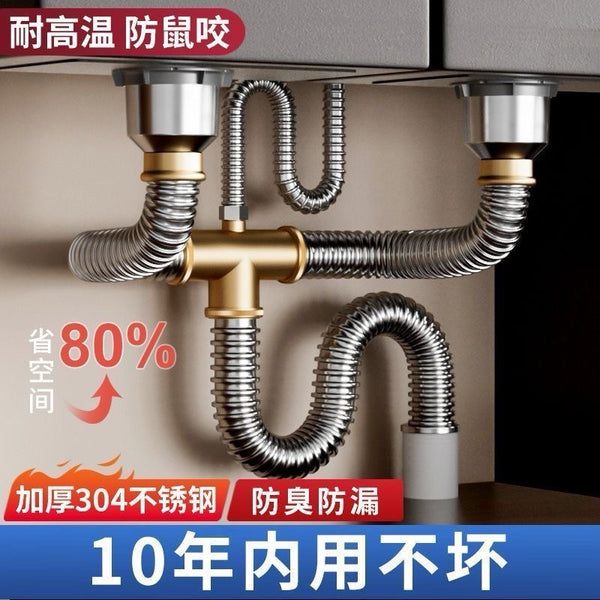 Factory direct sales stainless steel kitchen sink vegetable basin sewer pipe drain pipe double slot thickened sewer deodorant