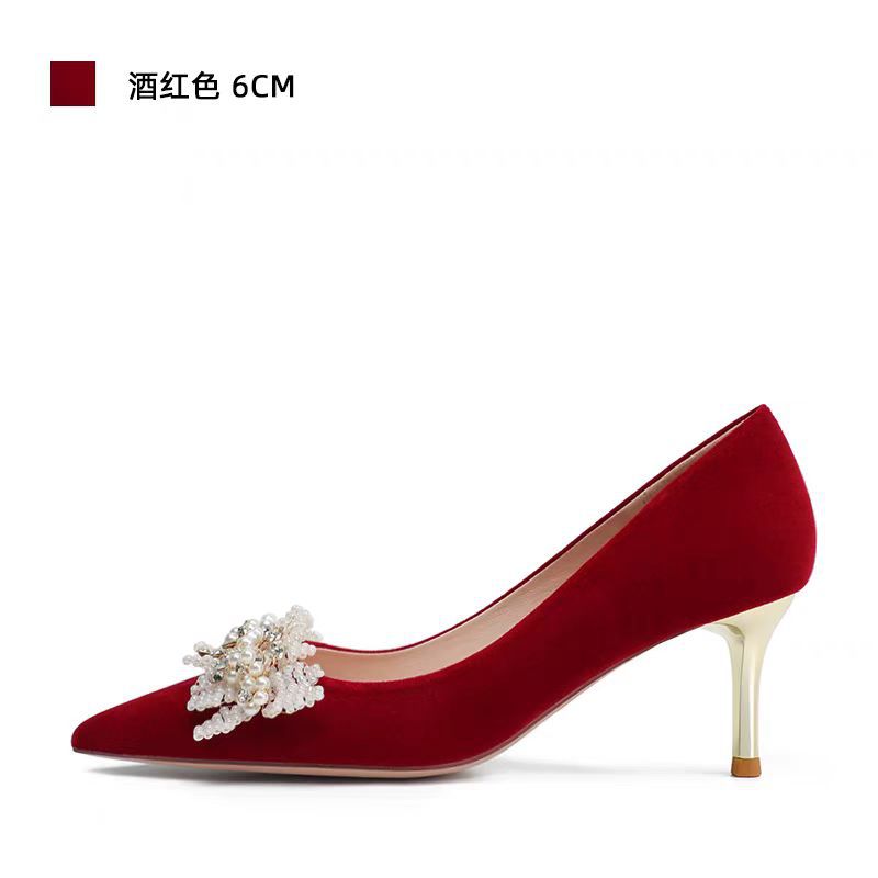 2024 spring/autumn new women's pointed-toe stiletto heels, beaded suede sweet formal party dress shoes, elegant wedding shoes for women