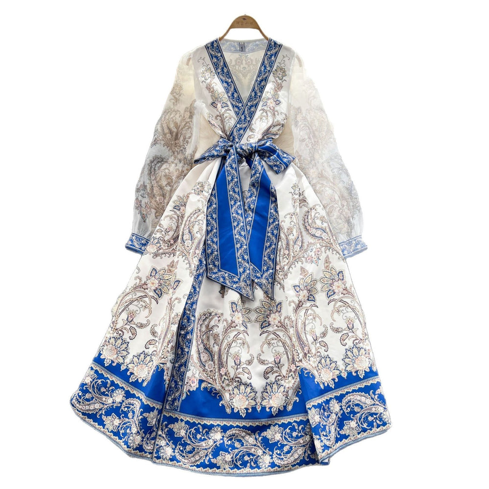 Palace retro design cross v neck mesh lantern sleeves strappy waist printing large swing puffy fashiondress