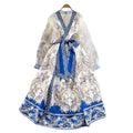 Palace retro design cross v neck mesh lantern sleeves strappy waist printing large swing puffy fashiondress