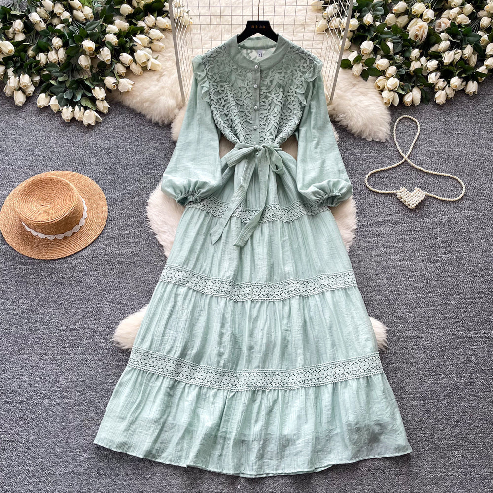 Frenchretro style lacepatchworkdress women's spring long k-style sleeve waist a-line skirt elegant over-the-knee long skirt