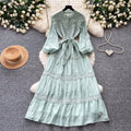 Frenchretro style lacepatchworkdress women's spring long k-style sleeve waist a-line skirt elegant over-the-knee long skirt