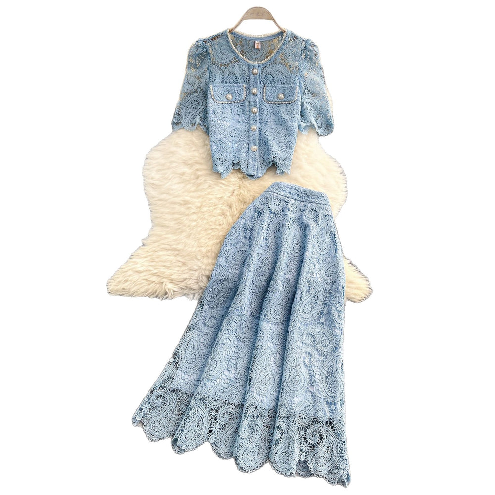 Elegant age-reducing heavy industry laceembroider round neckshirtsense of designsingle breastedtopstwo-piece sethigh waist skirt