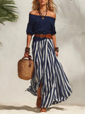 spring/summer new european and american cross-border nautical resort style off-shoulder top and slit skirt women's set