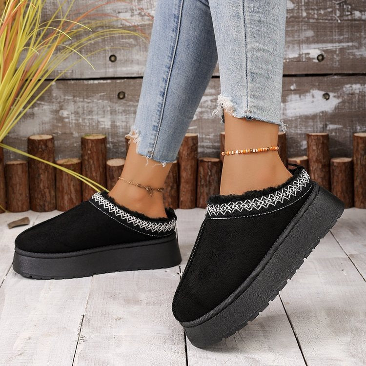 round toe suede rubber snow boots mid-heeled thick solefleece-linedheattech lace fashion cotton slippers for women
