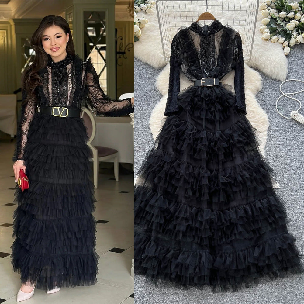 French chic sequin & beaded embellished mesh a-line maxi dress - slimming, elegant, and flattering