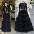 French chic sequin & beaded embellished mesh a-line maxi dress - slimming, elegant, and flattering