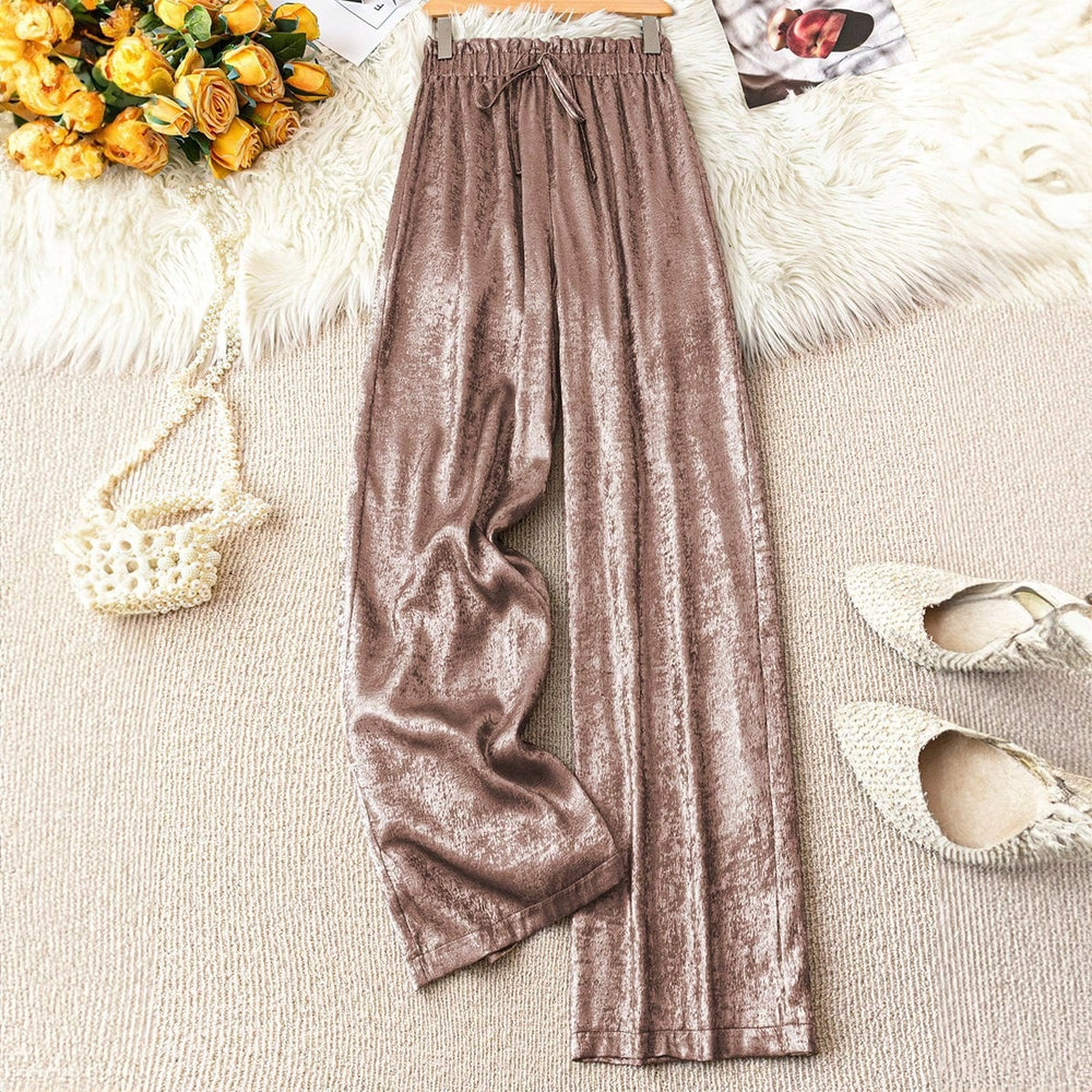 Amazon cross-border foreign trade spring & fall elastic waist gold wide-leg pants pleated loosestraight-leg pants women's slimming lookcasual