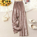 Amazon cross-border foreign trade spring & fall elastic waist gold wide-leg pants pleated loosestraight-leg pants women's slimming lookcasual