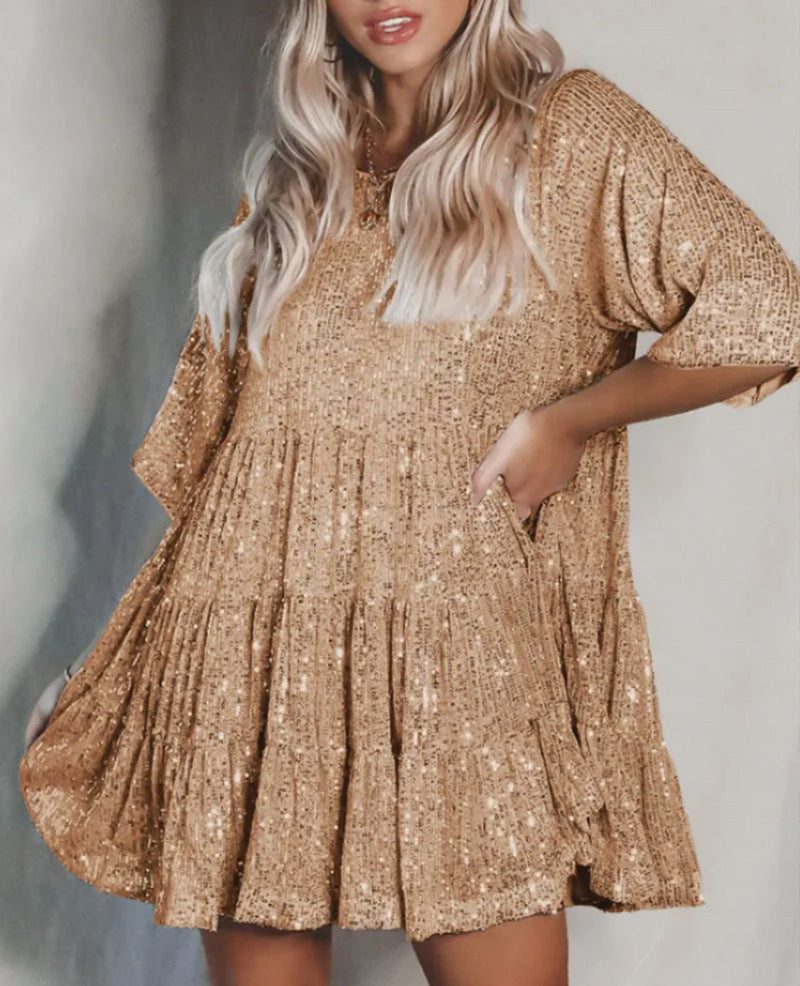 european and american export new arrival direct sales colorful fashion sequin round neck loose waist short sleeve dress banquet gown