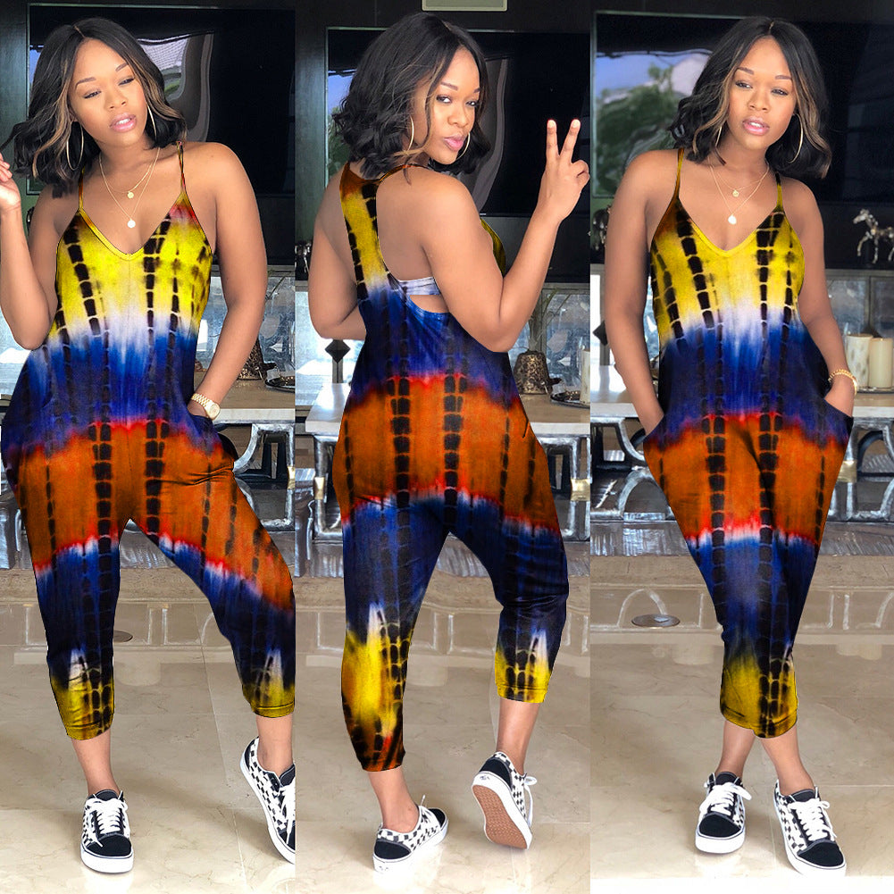 S390140 European and American summer wholesale casual off-the-shoulder hollow printing suspender jumpsuit fashion pencil pants women