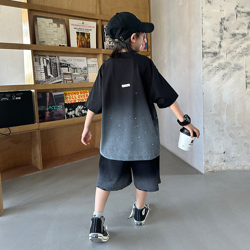 Boys'  summer starry sky casual short-sleeve t-shirt and shorts set - loose fit, round neck, trendy star pattern top