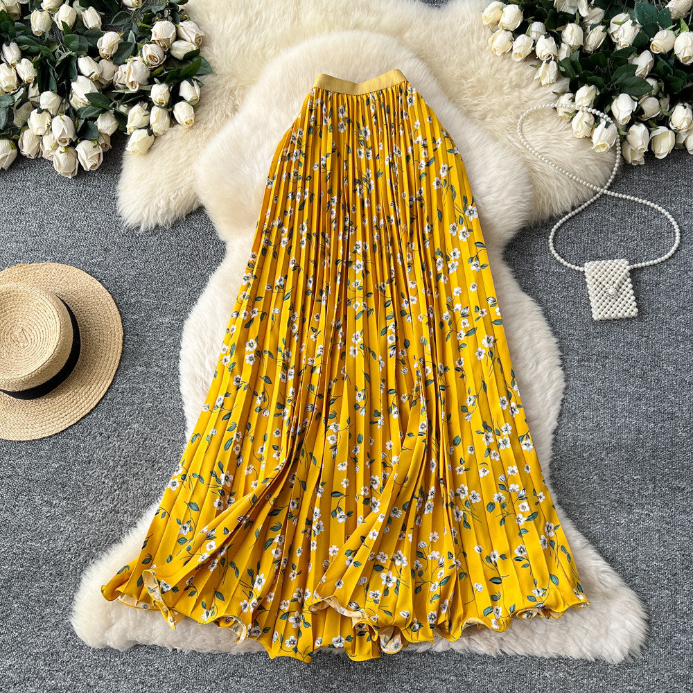 K-style floral high waist elastic waist a-line pleated skirt women's spring summer mid-length skirt slimming look large swing work clothing skirt