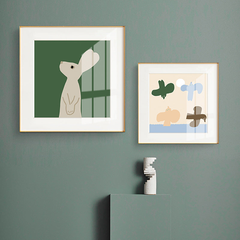 Nordic children's room bedroom bedside living room decorative painting cartoon animal green rabbit hanging painting cardboard photo frame painting