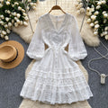 Long-sleeve dress - new  french-inspired design: unique v-neck lace single-breasted puff mini dress