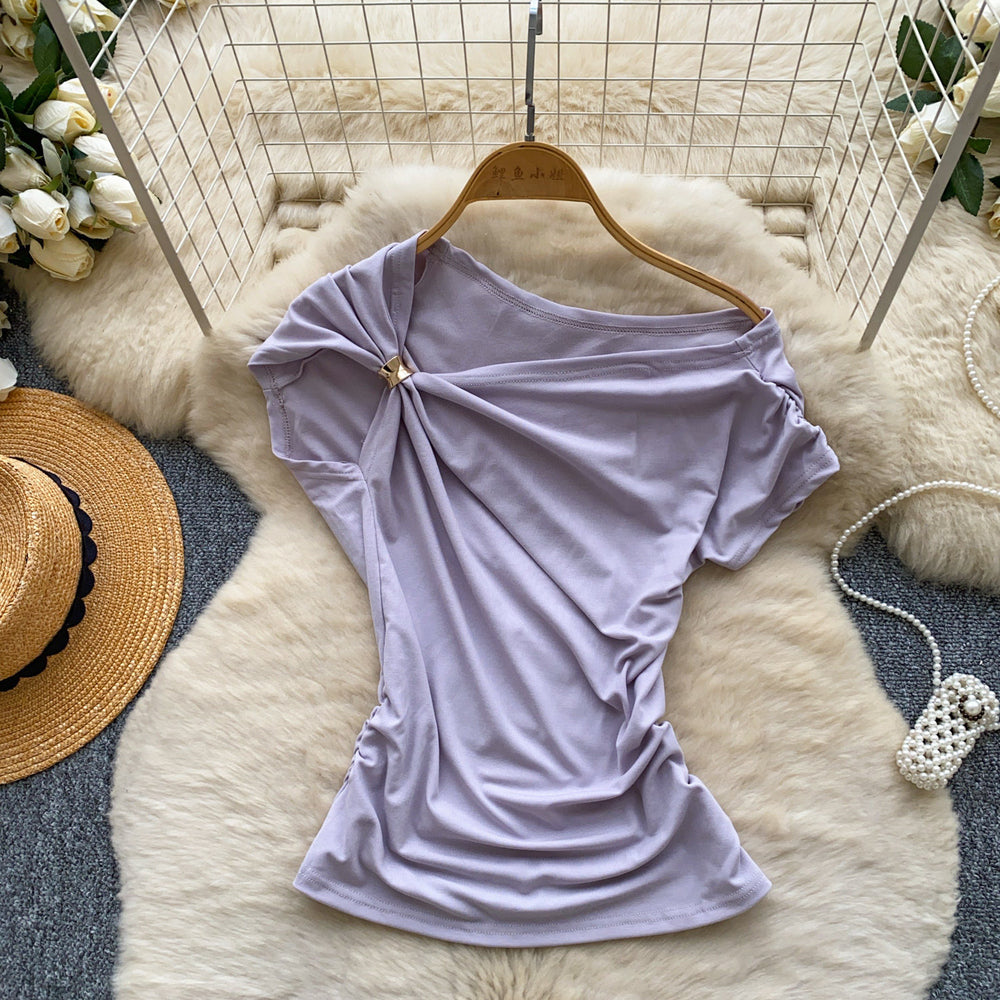 Korean style commute chic off-the-shoulder t-shirt: soft, breathable, relaxed fit with a cinched waist and asymmetrical design