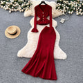 Rich girl style high-end mature woman set: women's autumn flared sleeve knit top + high-waisted fishtail midi skirt