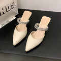 Baotou sandals women's mid-heeled two-wear slippers summeroutwear pointed toe stiletto rhinestone back hollow flats women 2025new arrival