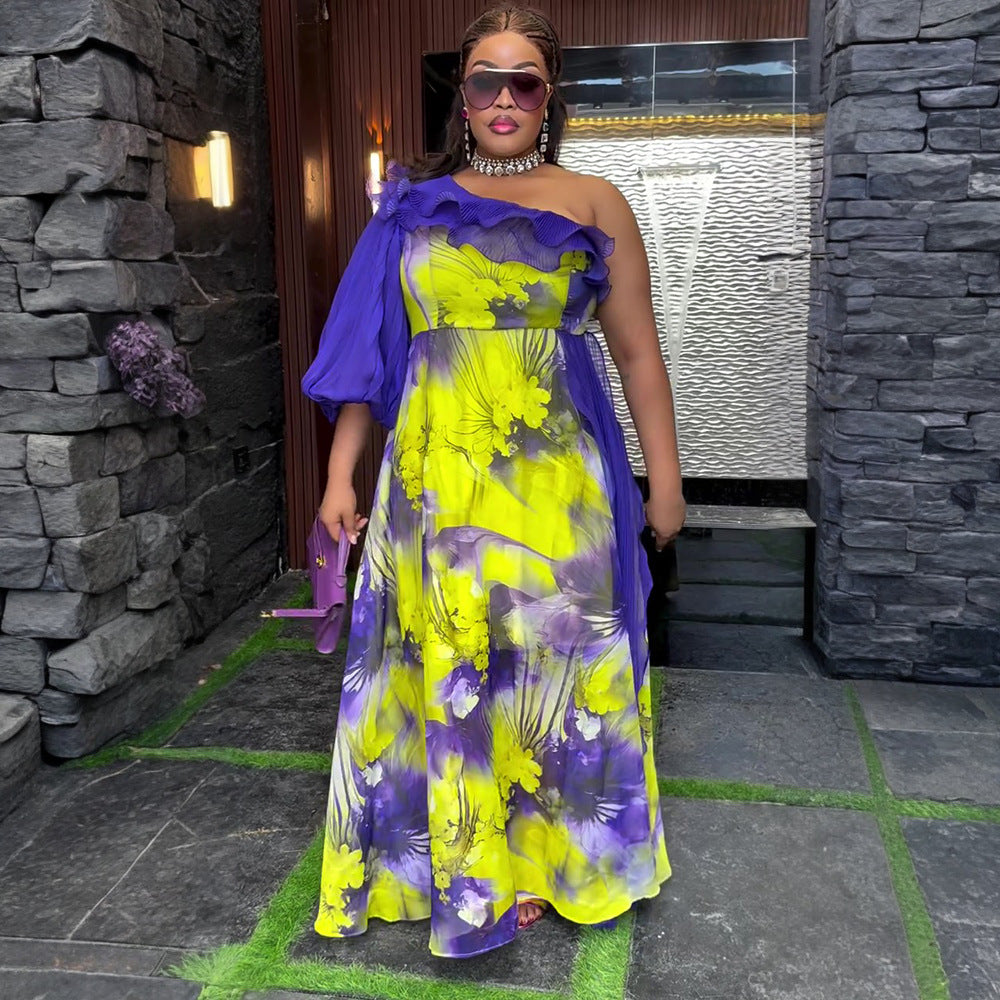 African plus size women's printed off-the-shoulder dress -  export fashion european and american cross-border spring/summer chiffon maxi dress