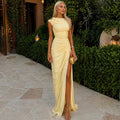 Fashion style cross-border pure color women's round neck elegant socialite street hip skirt waist slit long evening dress