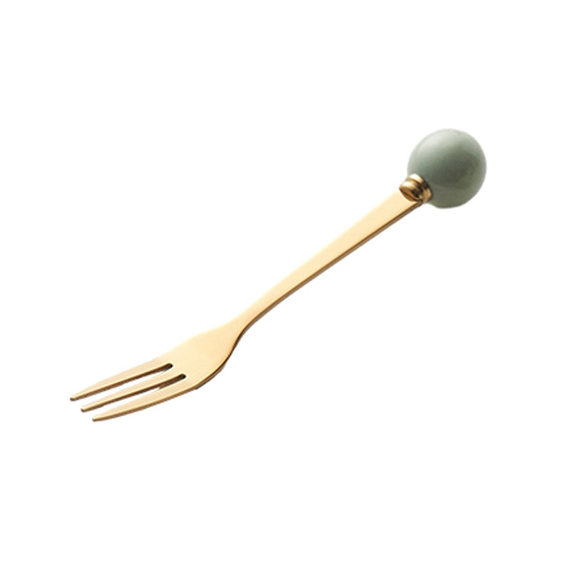 Simple macaron glazed ceramic handle fruit fork creative stainless steel fork spoon high-value home dessert spoon