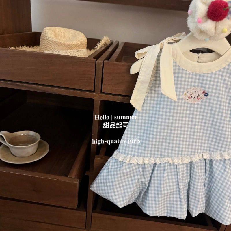 【dropshipping】girls'  new korean style summer sweet bow dress - plaid cute baby tulip dress
