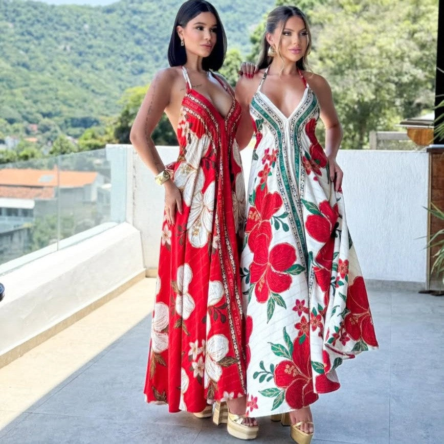 2025 new spring/summer off-the-shoulder v-neck women's camisole printed fairycore long elegant gown maxi dress