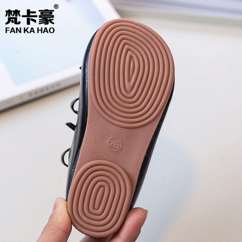 Vancahao girls' bow-tie princess shoes, new spring/autumn  collection, kids' black leather soft-soled dance shoes