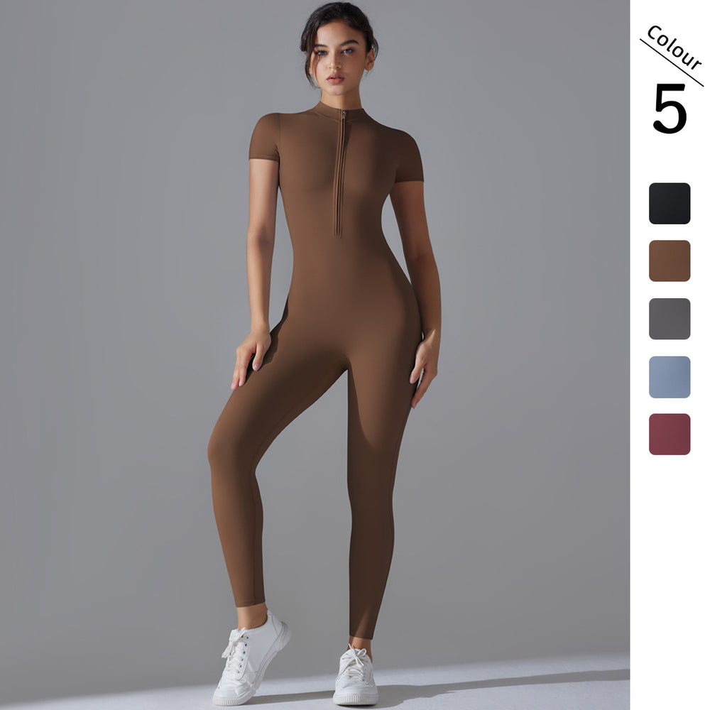 New solid color zip-up compression high-stretch short sleeve bodysuit activewear - workout, fitness, running, cropped leggings, yoga outfit